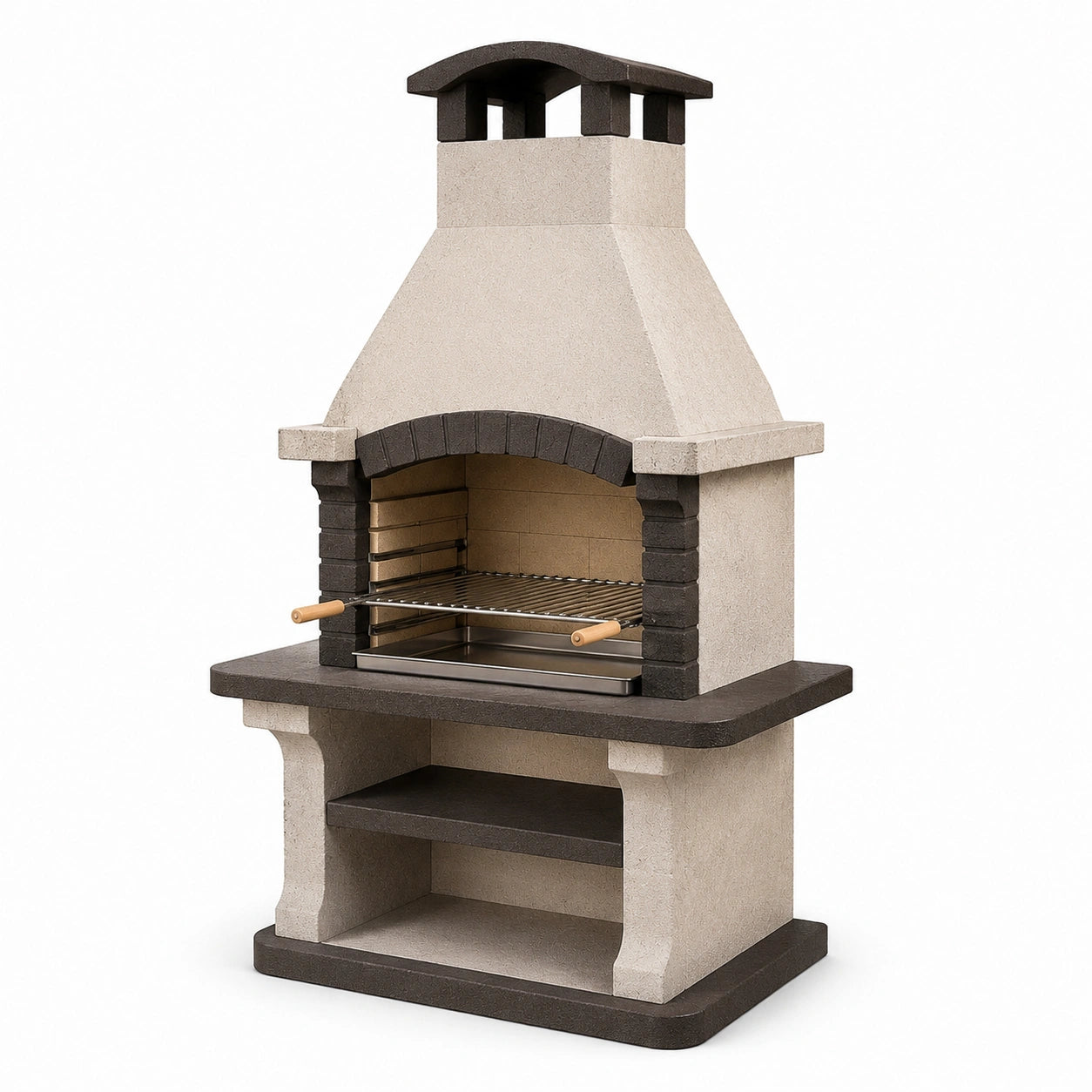 Beton Grillkamin mit Edelstahlrost und Holzgriffen Grau/Schwarz