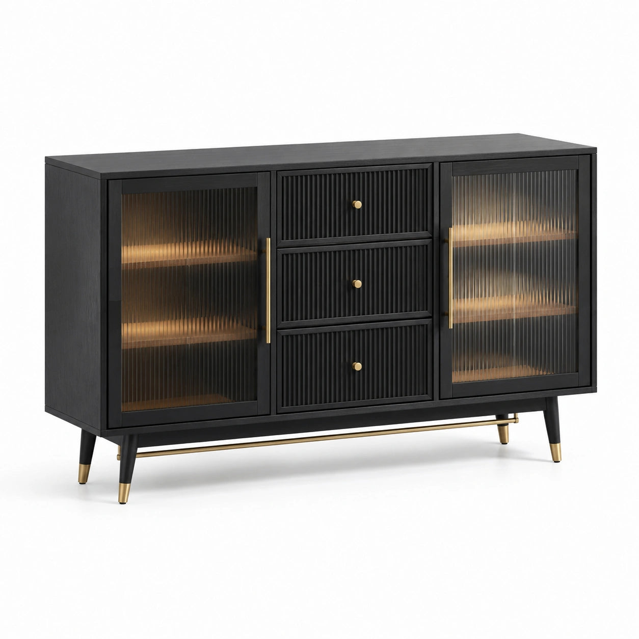 Sideboard aus Massivholz mit geriffeltem Glas, schwarz-gold