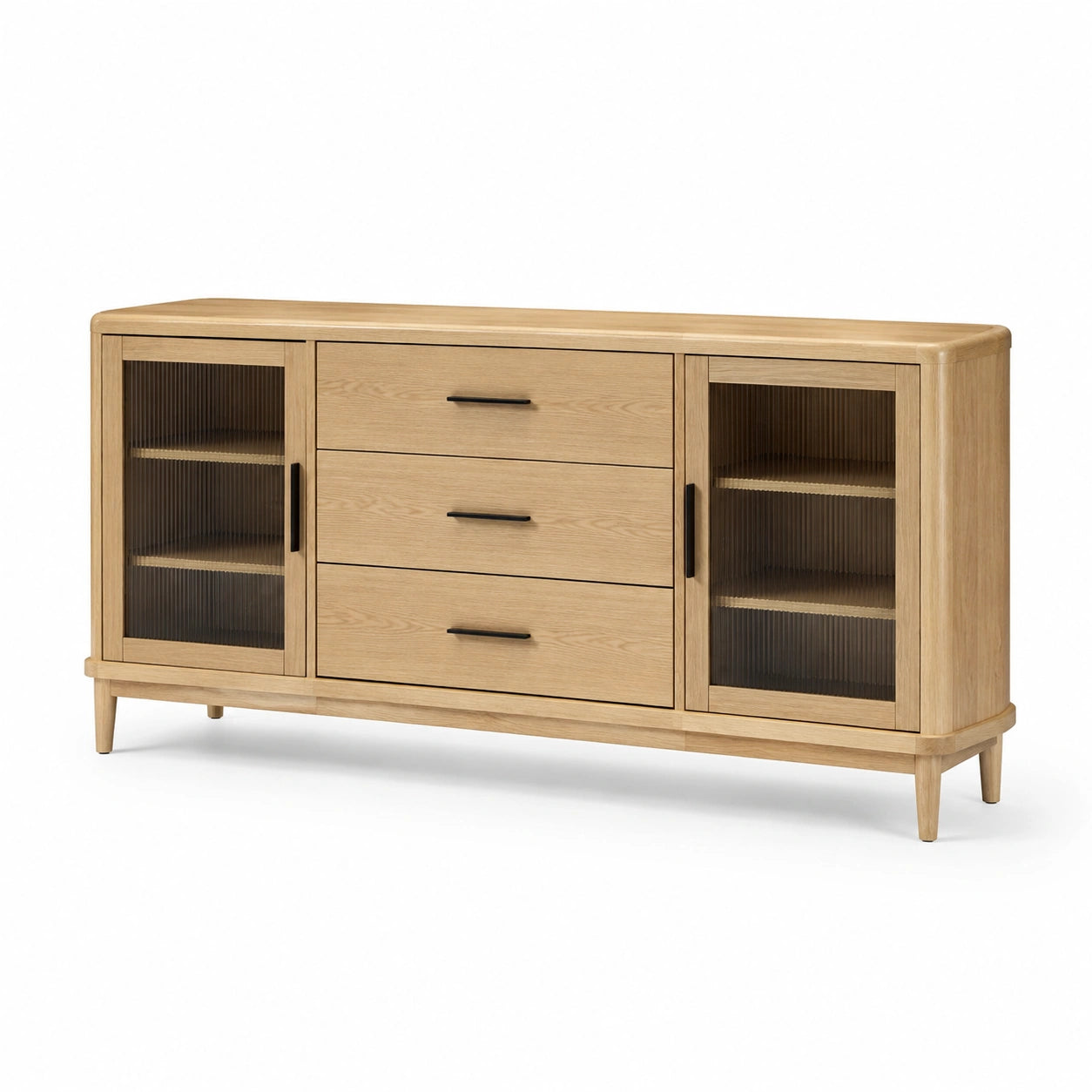 Sideboard Eichenholz geripptes Glas 3 Schubladen 2 Türen Natur 150x40x80cm