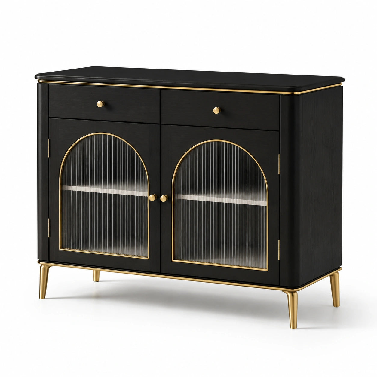 Sideboard Holz mit geriffeltem Glas Schwarz Gold 90cm