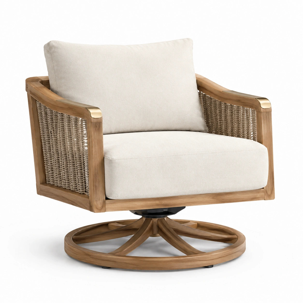 Drehsessel aus Teakholz mit Kissen in Creme