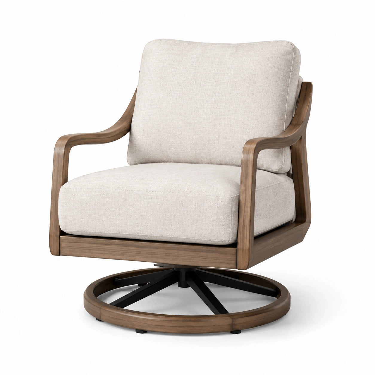 Drehsessel aus Eichenholz mit Leinenpolsterung Beige