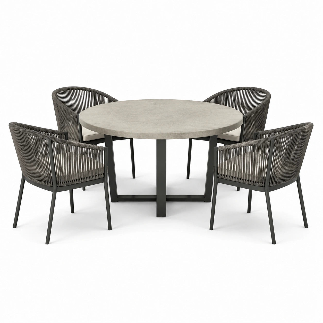 Runde Garten-Essgruppe aus Aluminium mit Tisch in Betonoptik und Sesseln aus Kunststoffseil, 120 cm, Grau