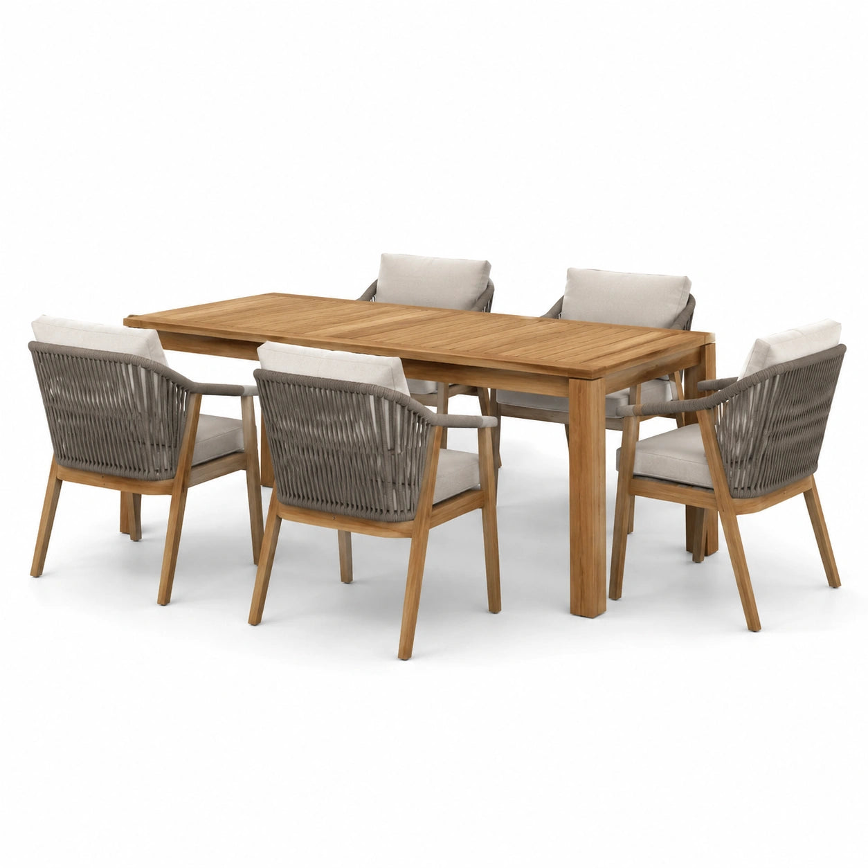 Garten-Essgruppe Teakholz mit Seilgeflecht und Kissen, Beige