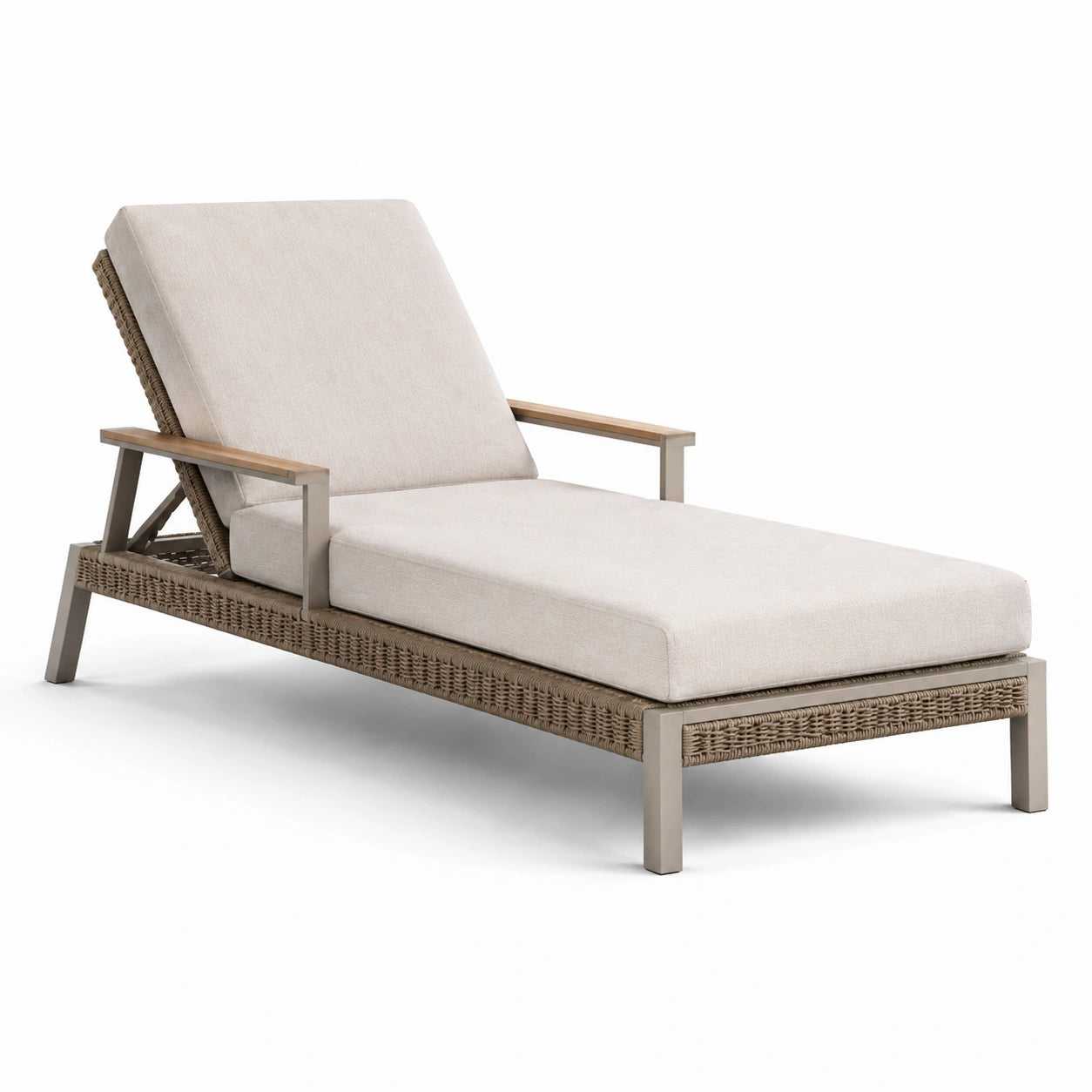 Gartenliege aus Aluminium mit Polyrattan und Polyesterbezug in Hellbeige